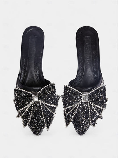 Flat Black Parties – Perfect and Rhinestone-Bow Mules for