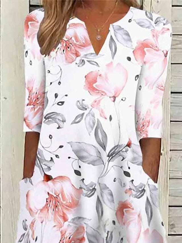 Women's Midi Dress Floral Ruched Pocket V Neck Daily