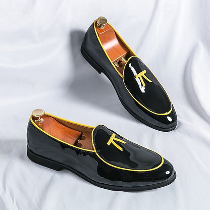 Leather Black Men's Patent Yellow Trim Loafers Faux with