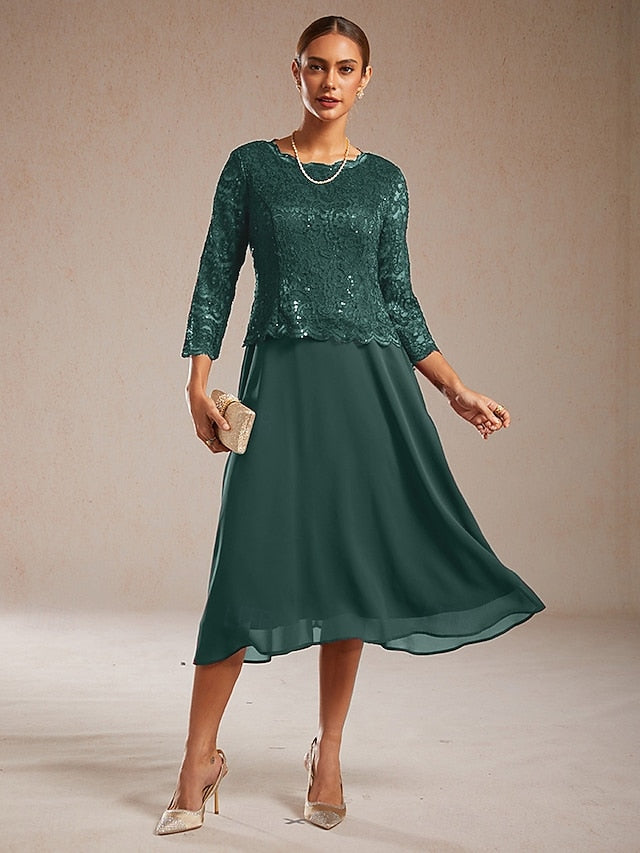 Women's Midi Dress Chiffon Dress Elegant Solid Color 3/4