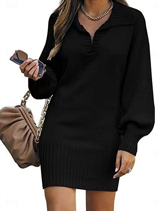 Women's Sweater Dress Casual Soft Pure Color Ribbed Shirt