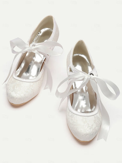 Satin Ribbon Bridal - Elegant White Pumps Vintage Lace with Ties