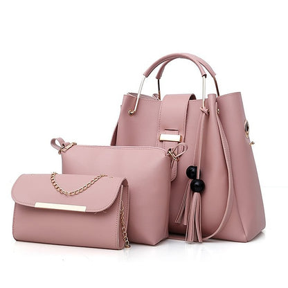 Leather Women's Set Tote 3-Piece Pink Faux - Handbag