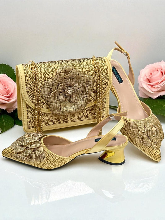 Gold Matching Rhinestone with Pumps Slingback Women's