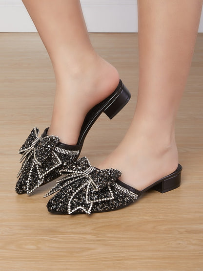 Flat Black Parties – Perfect and Rhinestone-Bow Mules for