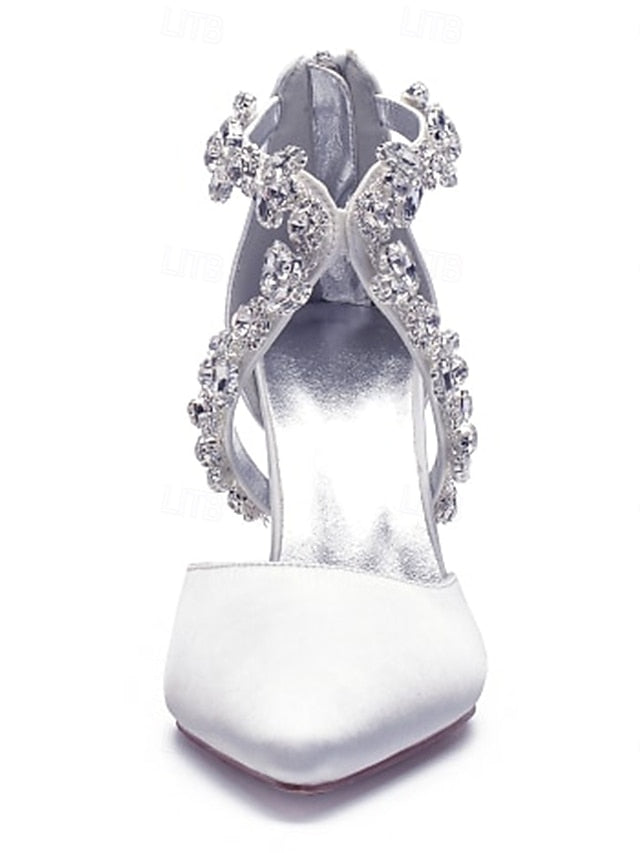 Heels Satin Women's White Pointed Crystal Strap – Elegant