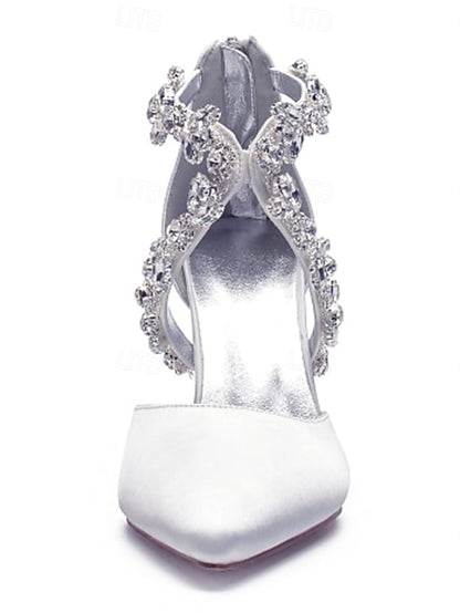 Heels Satin Women's White Pointed Crystal Strap – Elegant