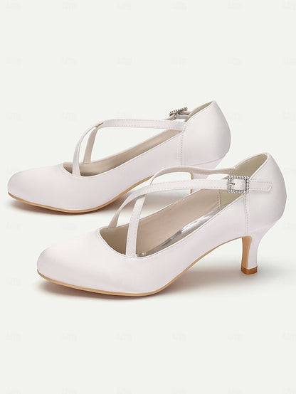 with Rhinestone White – Elegant Satin Buckle Cross-Strap Heels