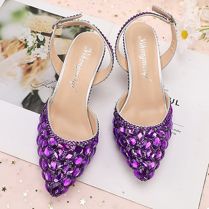 Heels Slingback Women's High Crystal Pointed-Toe Rhinestone