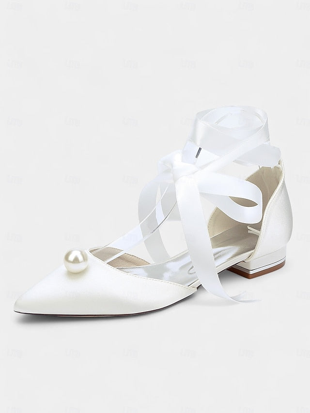 - Pointed Toe Navy Women's Pearl Satin Embellished Flats