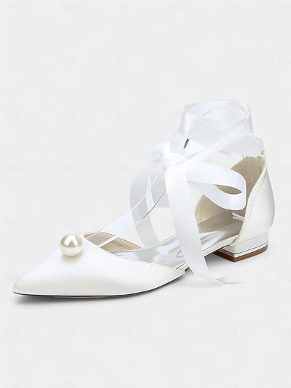 - Pointed Toe Navy Women's Pearl Satin Embellished Flats