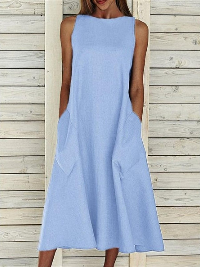 Women's Midi Dress Sleeveless Pockets Casual A-Line