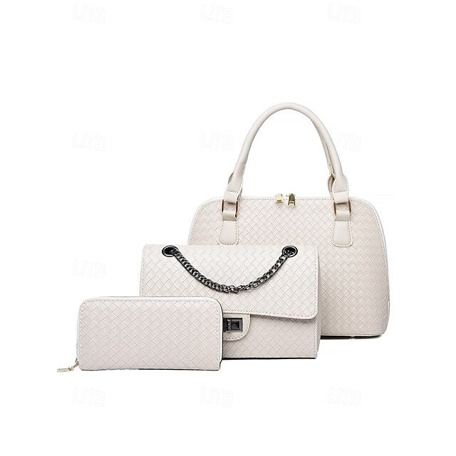 Handbag Set Brown Leather Women's Woven – 3-Piece Faux