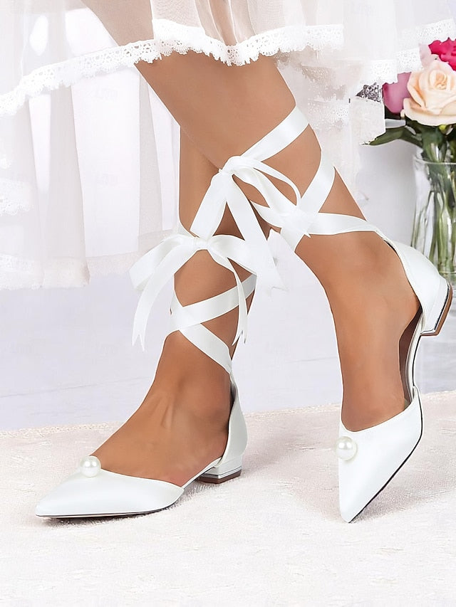 - Pointed Toe Navy Women's Pearl Satin Embellished Flats