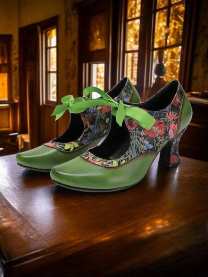 Mary Jane Green Heels Women's Print Floral Leather with