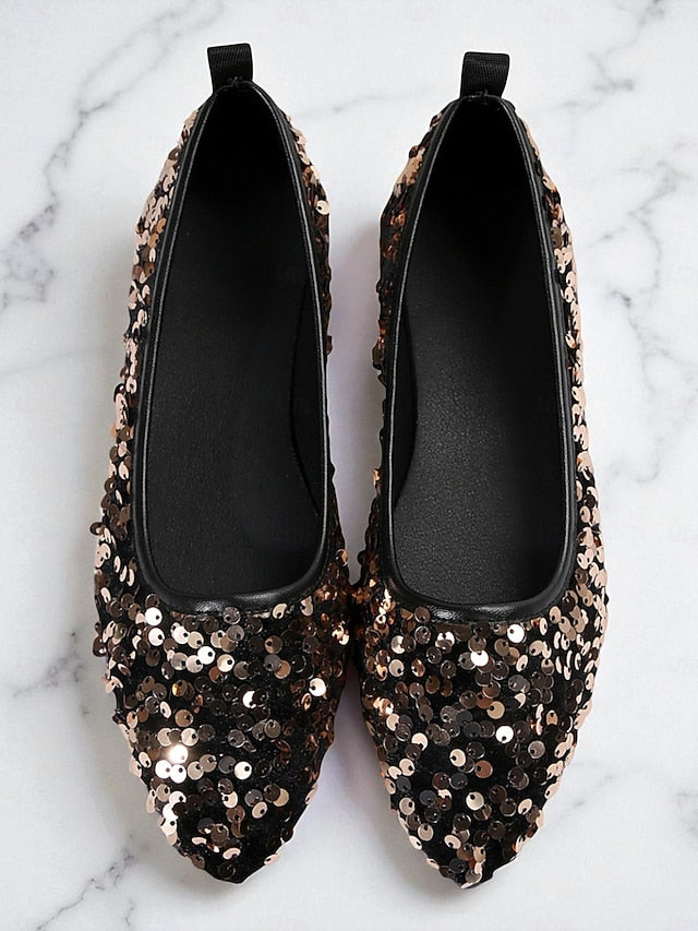Ballet Sequin Women's - Toe Pointed Flats Black Sparkly
