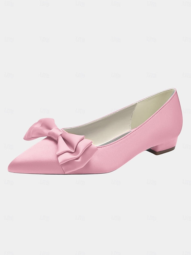 Satin Toe Pointed Green Bow Elegant - Women's Flats