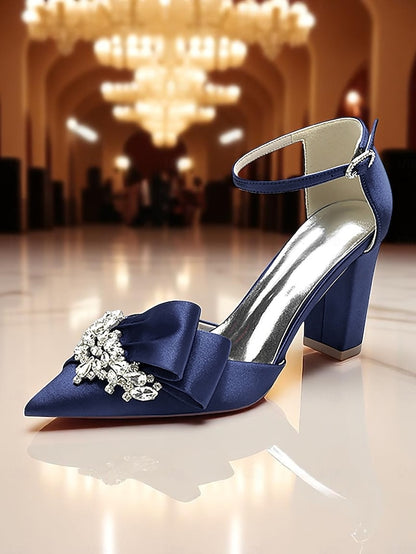 Heel Women's Block Bow Satin Pumps and with Crystal