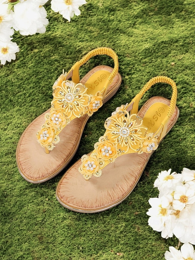 Women's T-Strap Lace Sandals Floral Embellished Pink –