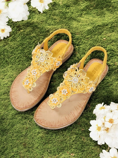 Women's T-Strap Lace Sandals Floral Embellished Pink –