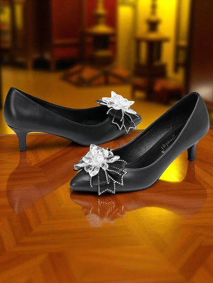 White Shoes Low Women's Wedding with Crystal Bow Heel