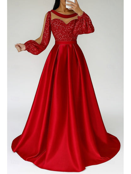 Sequined Red Dress Elegant A-Line Formal Black Gown Evening