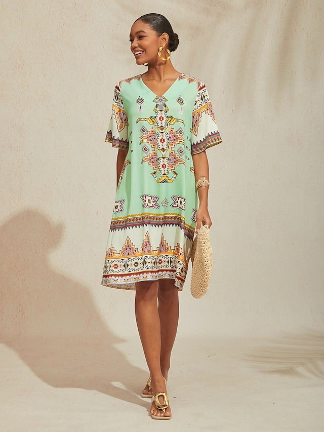 Vacation Vintage Ethnic Geometric Pattern Satin Midi Dress