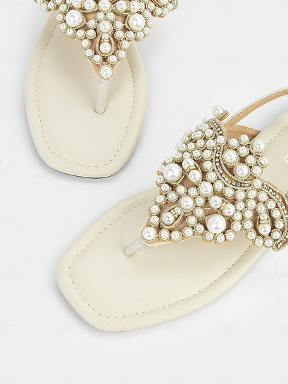 Sandals Pearl-Embellished Women's Elegant – T-Strap Flat