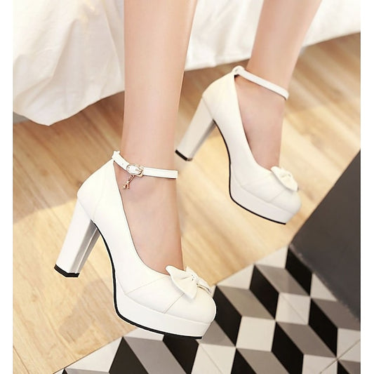 – Elegant Chunky White Women's Detail Heels Bow with