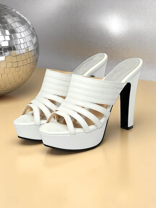 Mule White Open-Toe Women's Strappy - Heels Platform