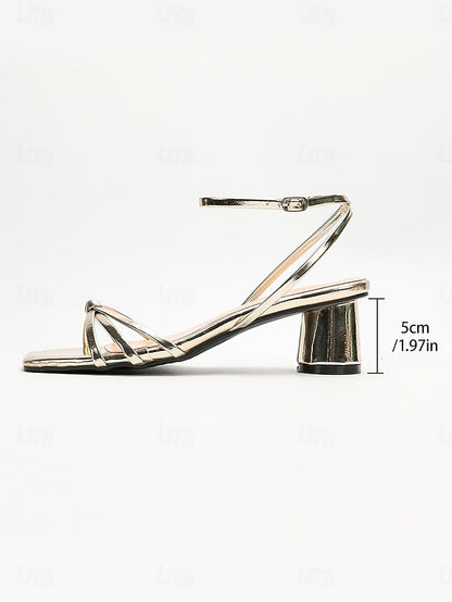 Ankle Metallic Women's Gold Block Shiny Heels Strap –