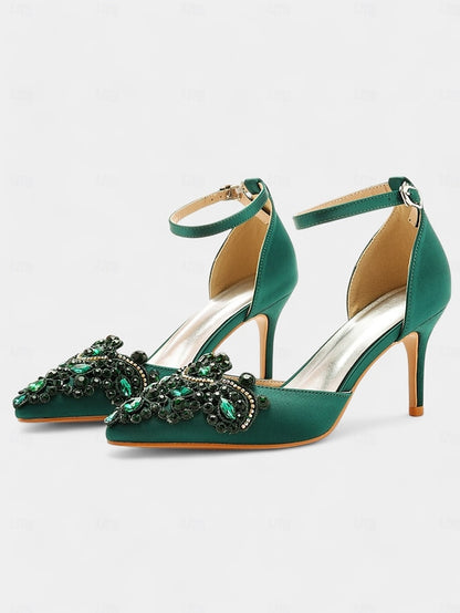 Ankle Emerald Strap Women's Green Heels Pointed Satin –
