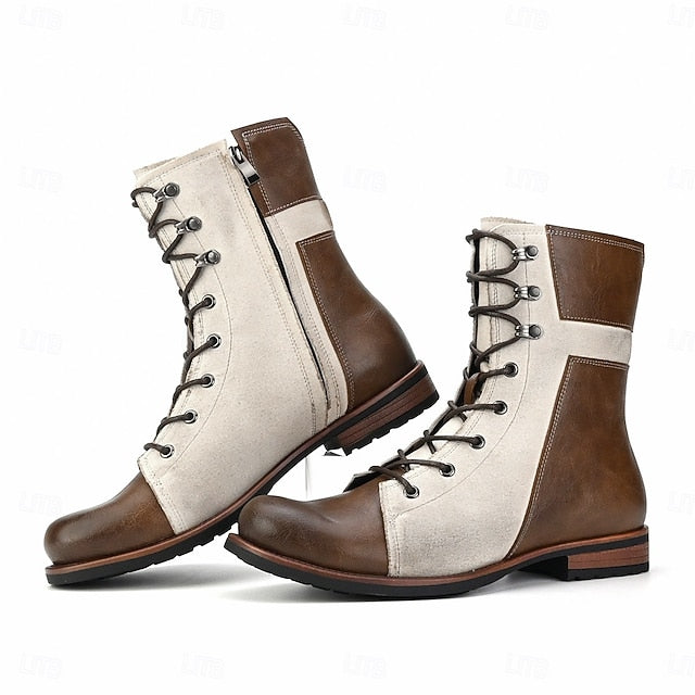 Lace-Up Men's Mid-Calf Faux Leather Two-Tone Vintage Boots