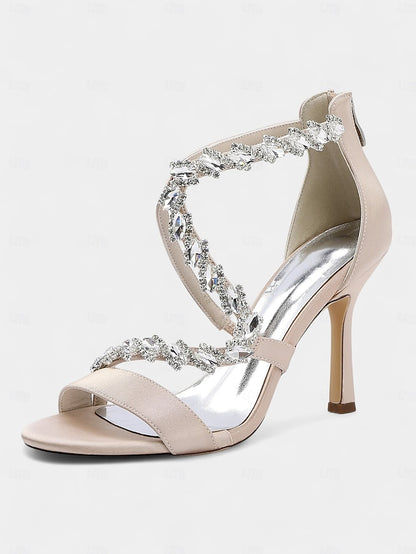 Strappy Rhinestone White Heel Sandals - High Women's