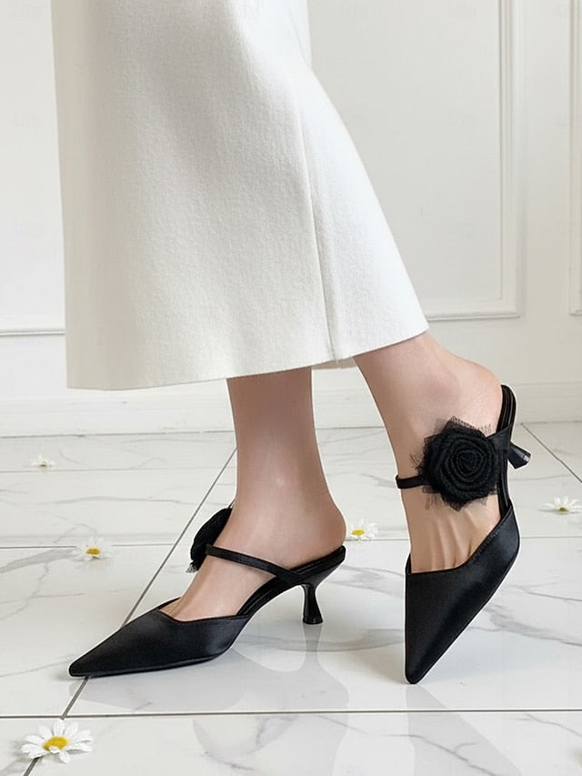 Satin Heels with Green Floral Toe Pointed Ankle Women's