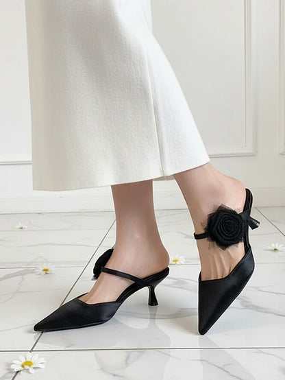 Satin Heels with Green Floral Toe Pointed Ankle Women's