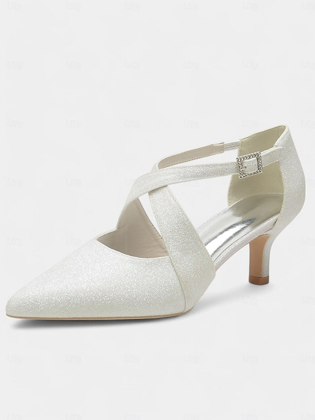 Glitter Cross Heels Rhinestone with Buckle Kitten White Strap