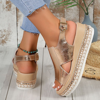 Espadrille Platform Leather Gold Metallic Women's Faux