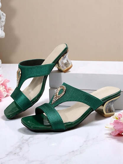 Slide Women's Rhinestone Green Satin Sandals with