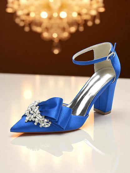 Heel Women's Block Bow Satin Pumps and with Crystal