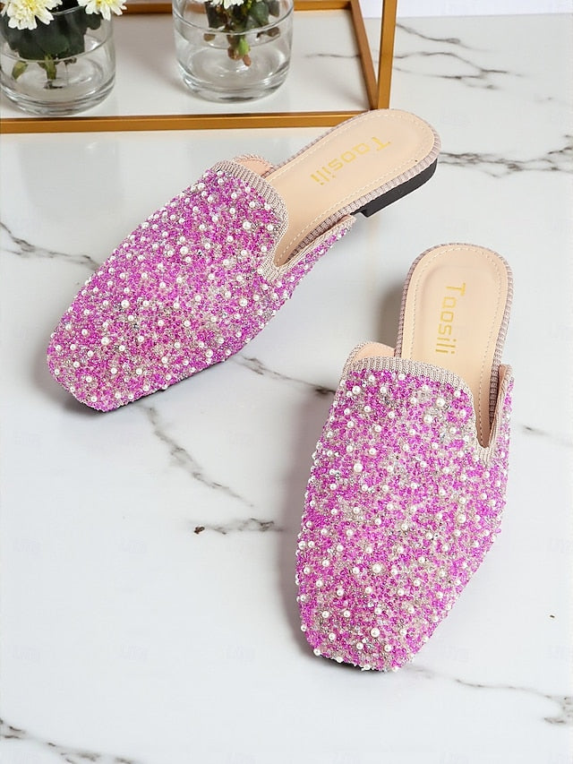 Rhinestone and Pink - Women's Pearl Mules Embellished