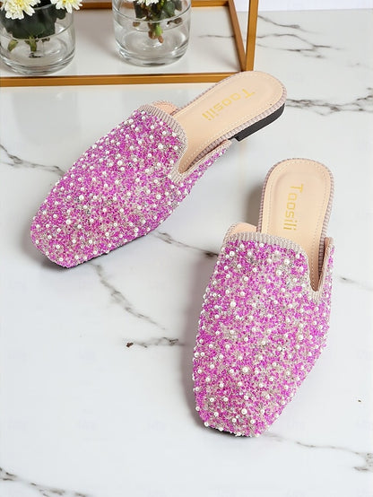 Rhinestone and Pink - Women's Pearl Mules Embellished