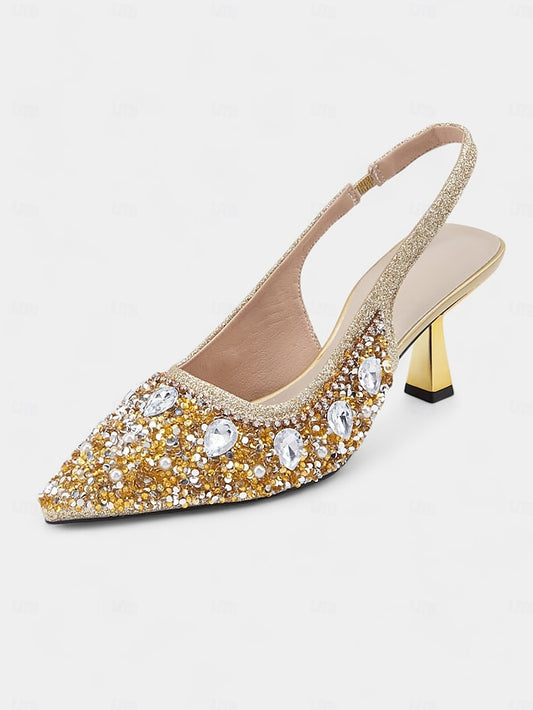 with Slingback Gold Rhinestone Heels Women's Pearl