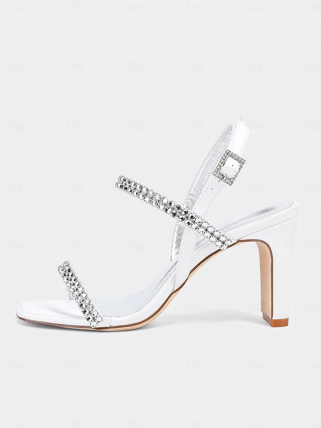 Sandals Prom White Block Rhinestone Women's Bridal – Heel