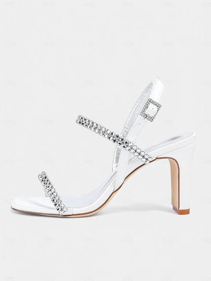 Sandals Prom White Block Rhinestone Women's Bridal – Heel