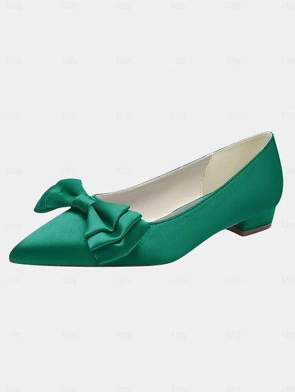 Satin Toe Pointed Green Bow Elegant - Women's Flats