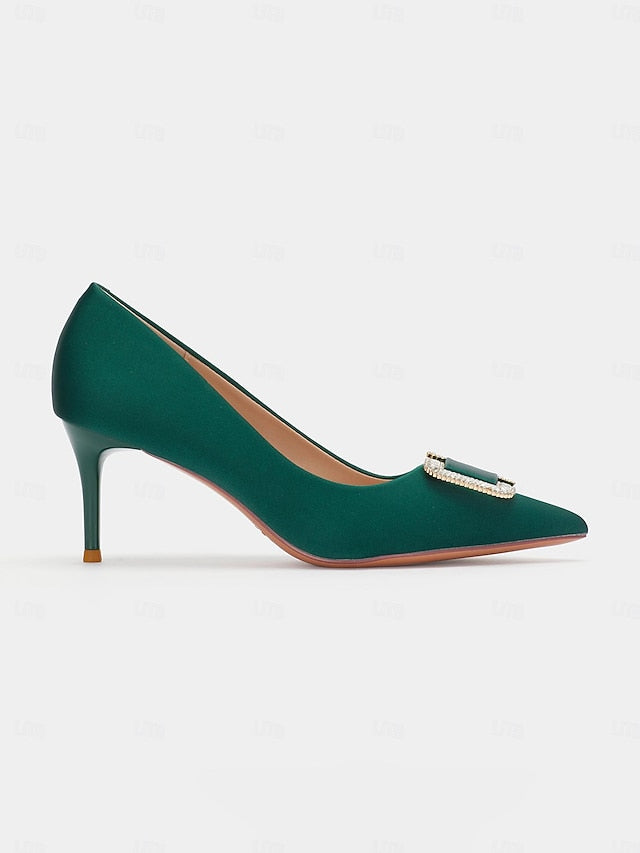 for Elegant Green Pumps Buckle with Satin Women: Rhinestone