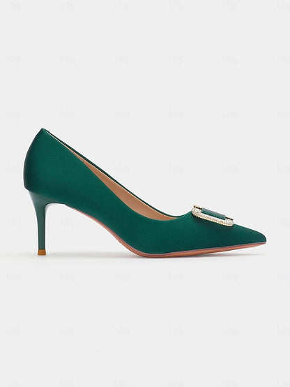 Elegant for Satin Rhinestone Green Pumps Buckle with Women: