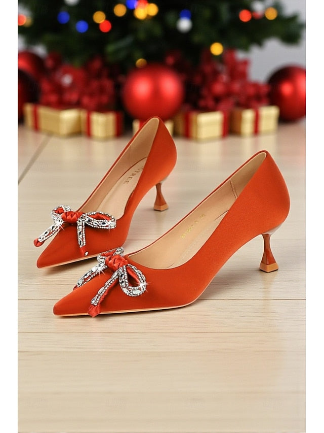 Stiletto with Crystal Orange Women's Heels Pointed Bow -