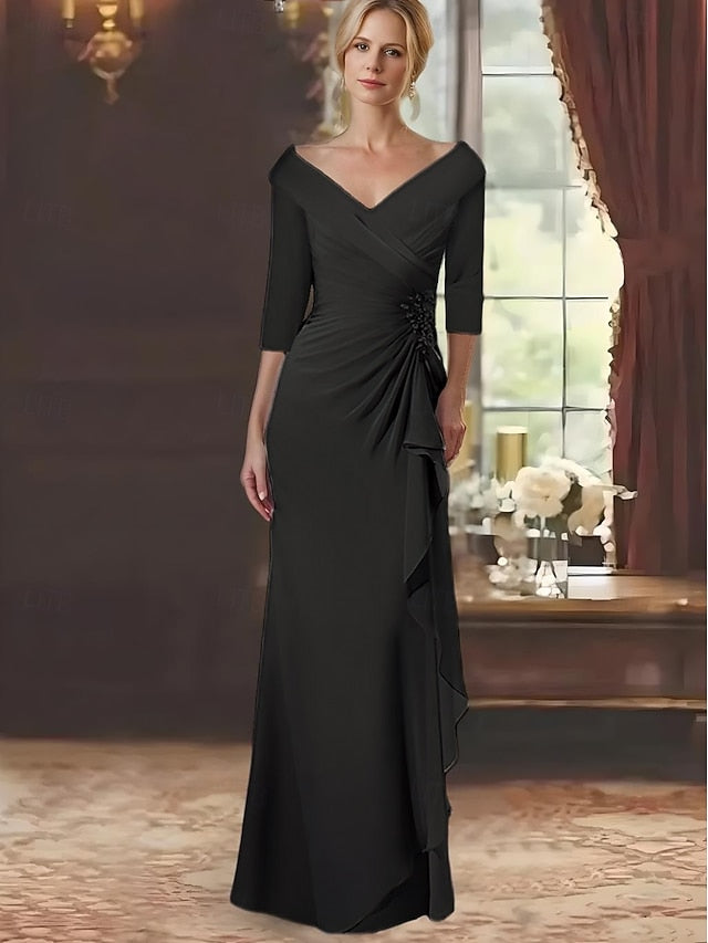 Elegant V Length the Floor A-Line Bride Neck Mother of Dress